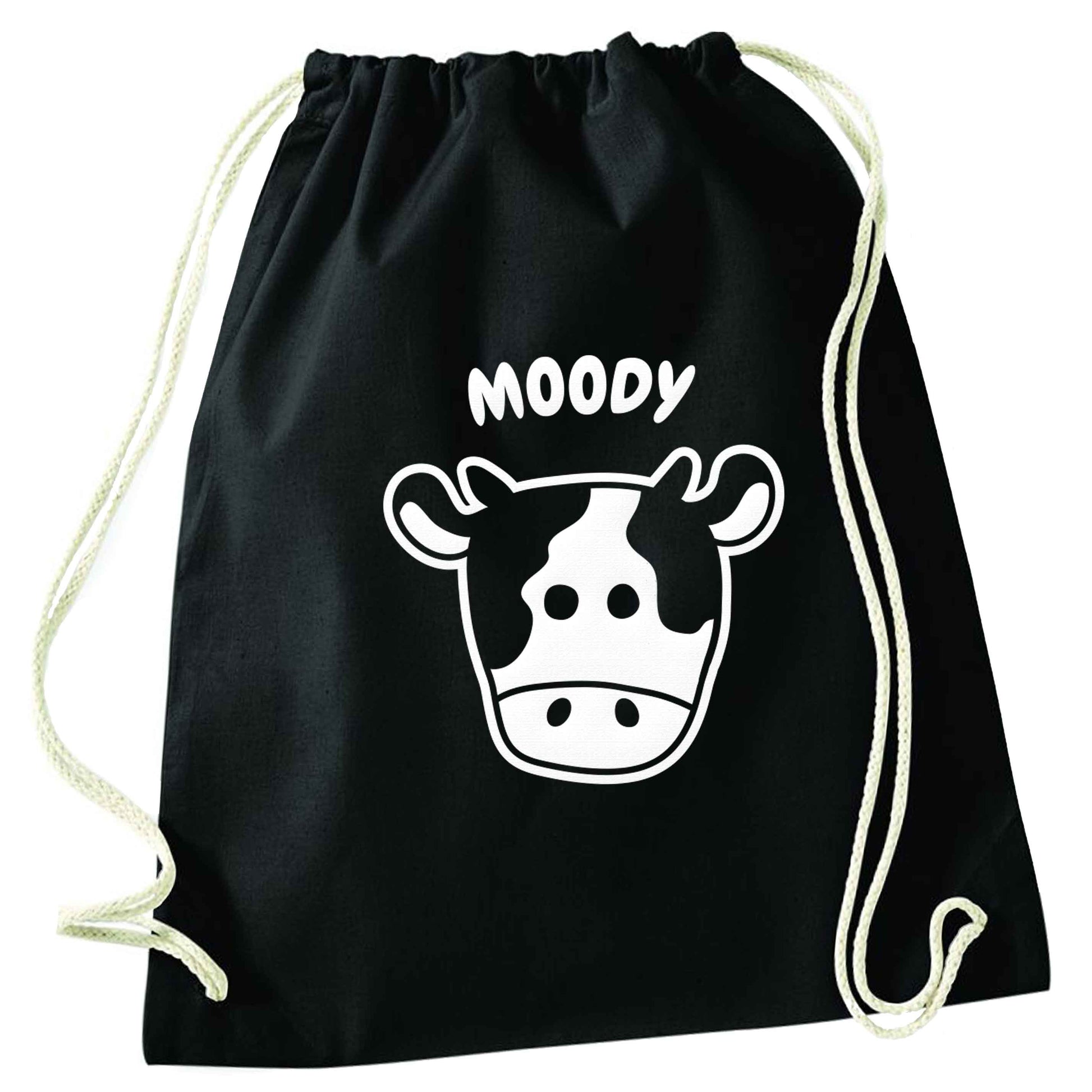 Moody cow illustration black drawstring bag
