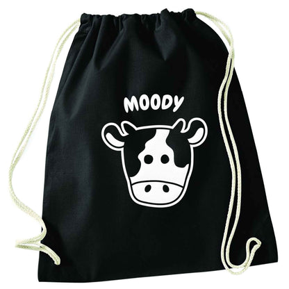 Moody cow illustration black drawstring bag
