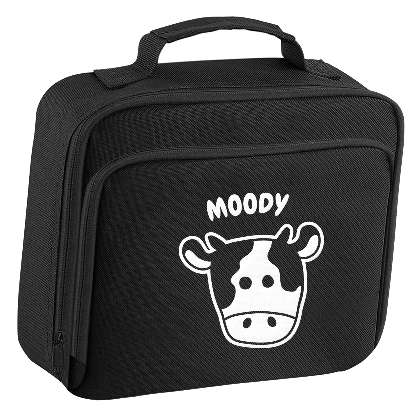 Moody cow illustration insulated black lunch bag cooler