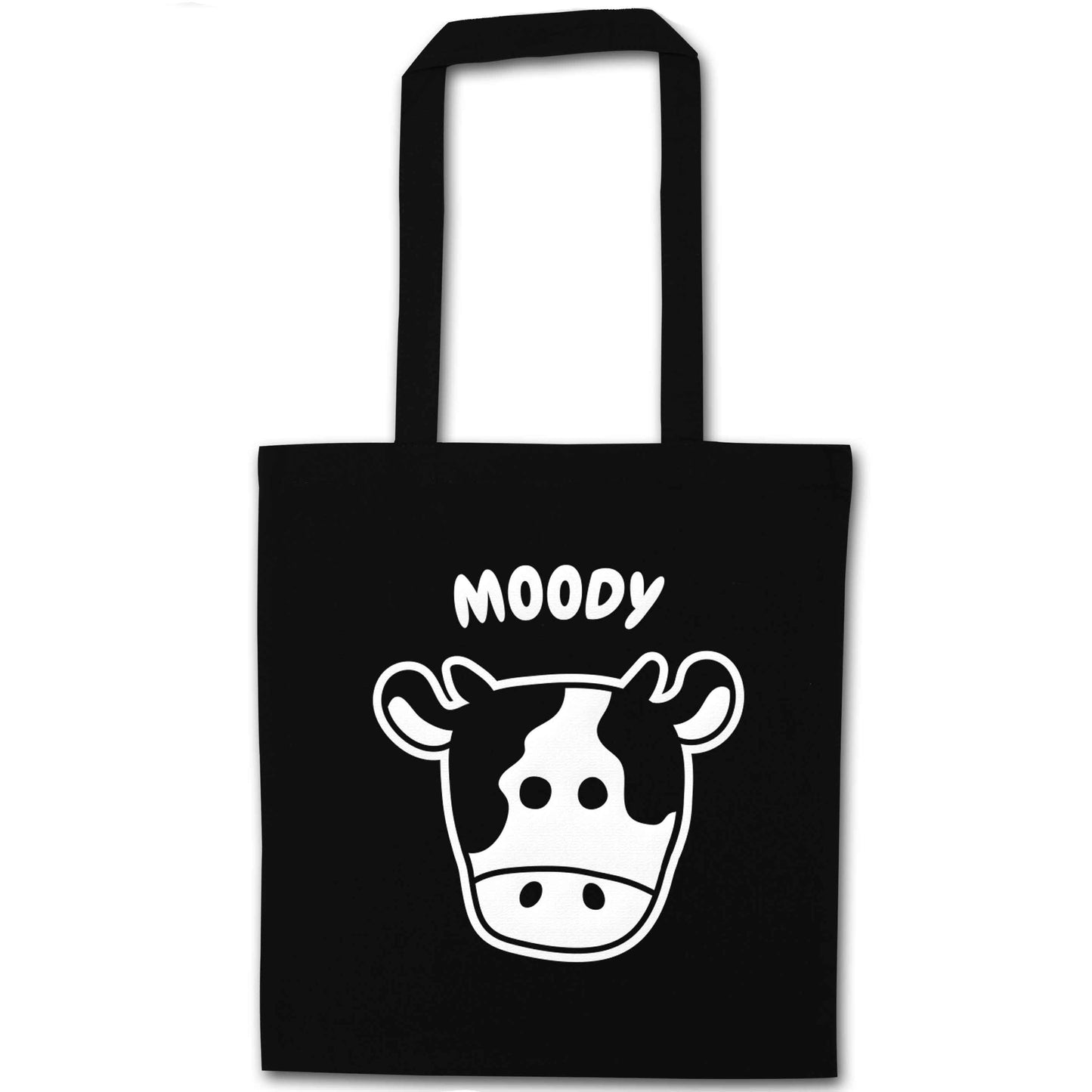 Moody cow illustration black tote bag