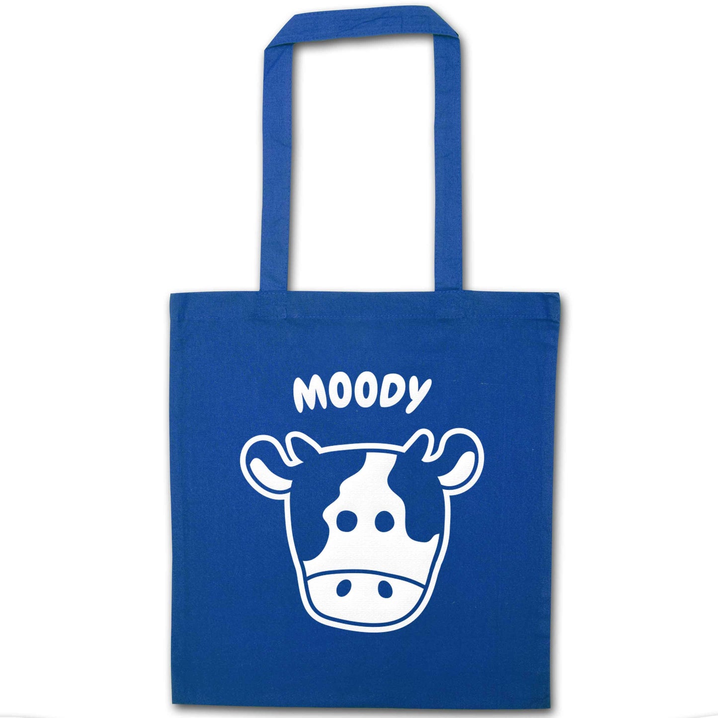 Moody cow illustration blue tote bag