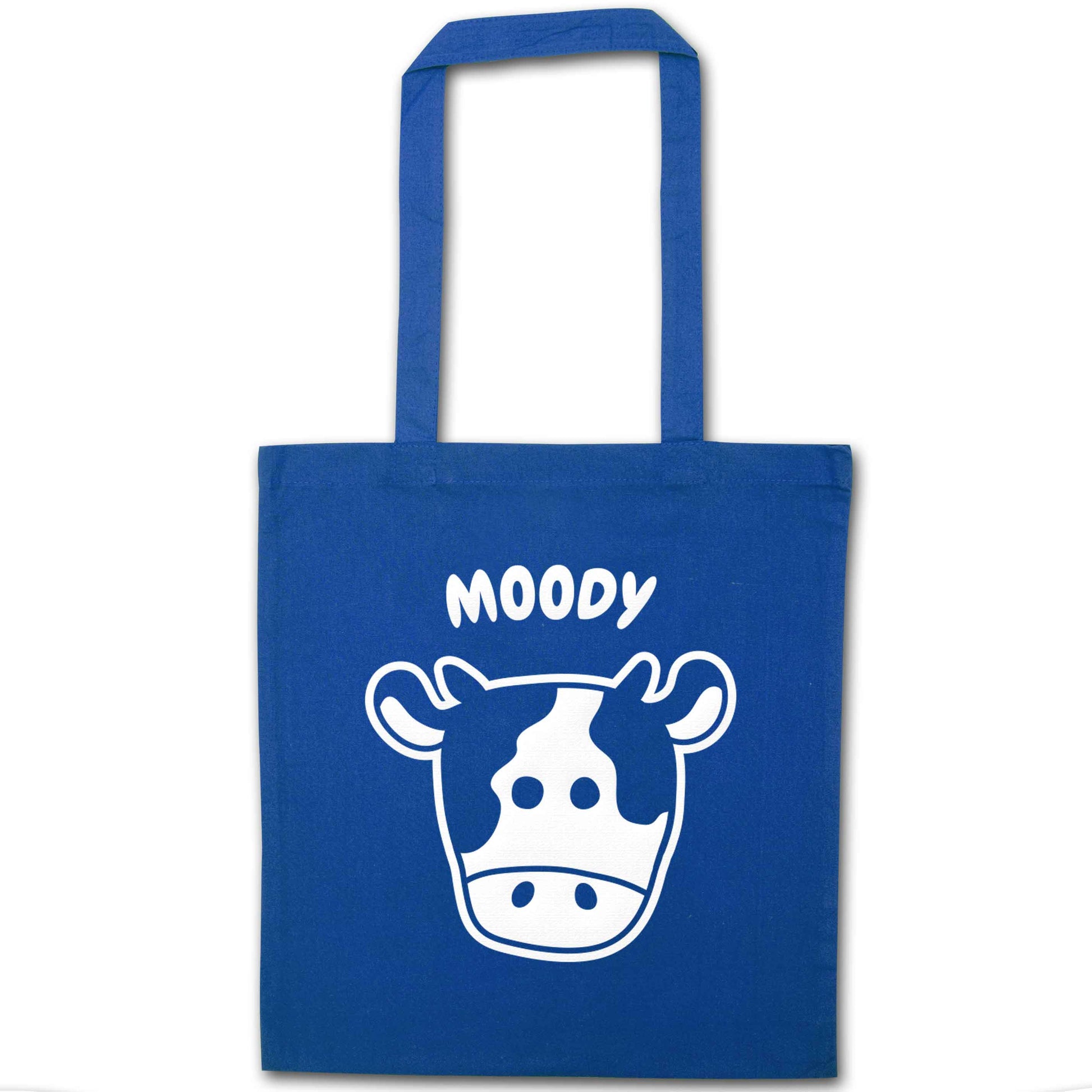 Moody cow illustration blue tote bag