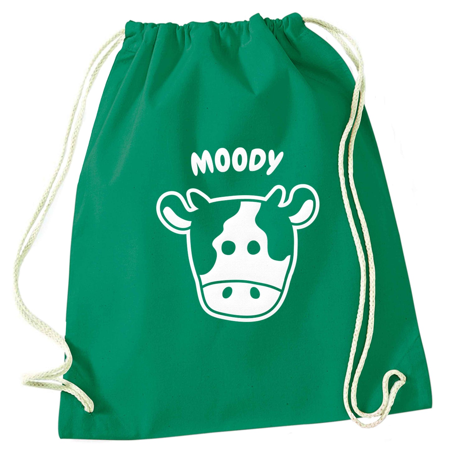 Moody cow illustration green drawstring bag
