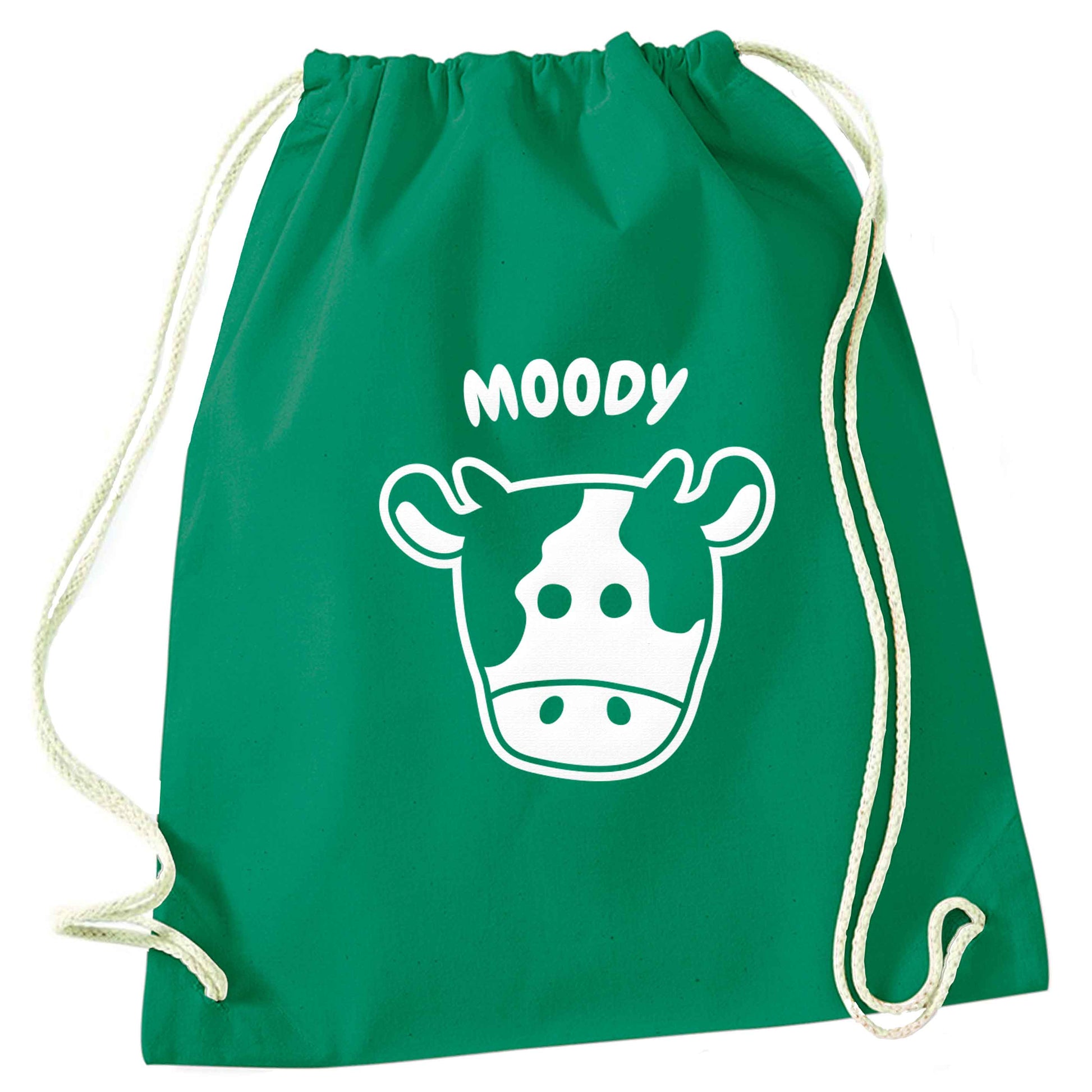 Moody cow illustration green drawstring bag