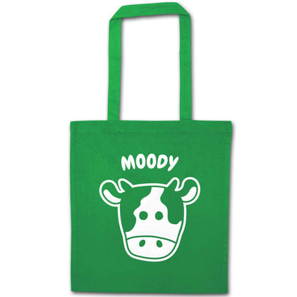 Moody cow illustration green tote bag