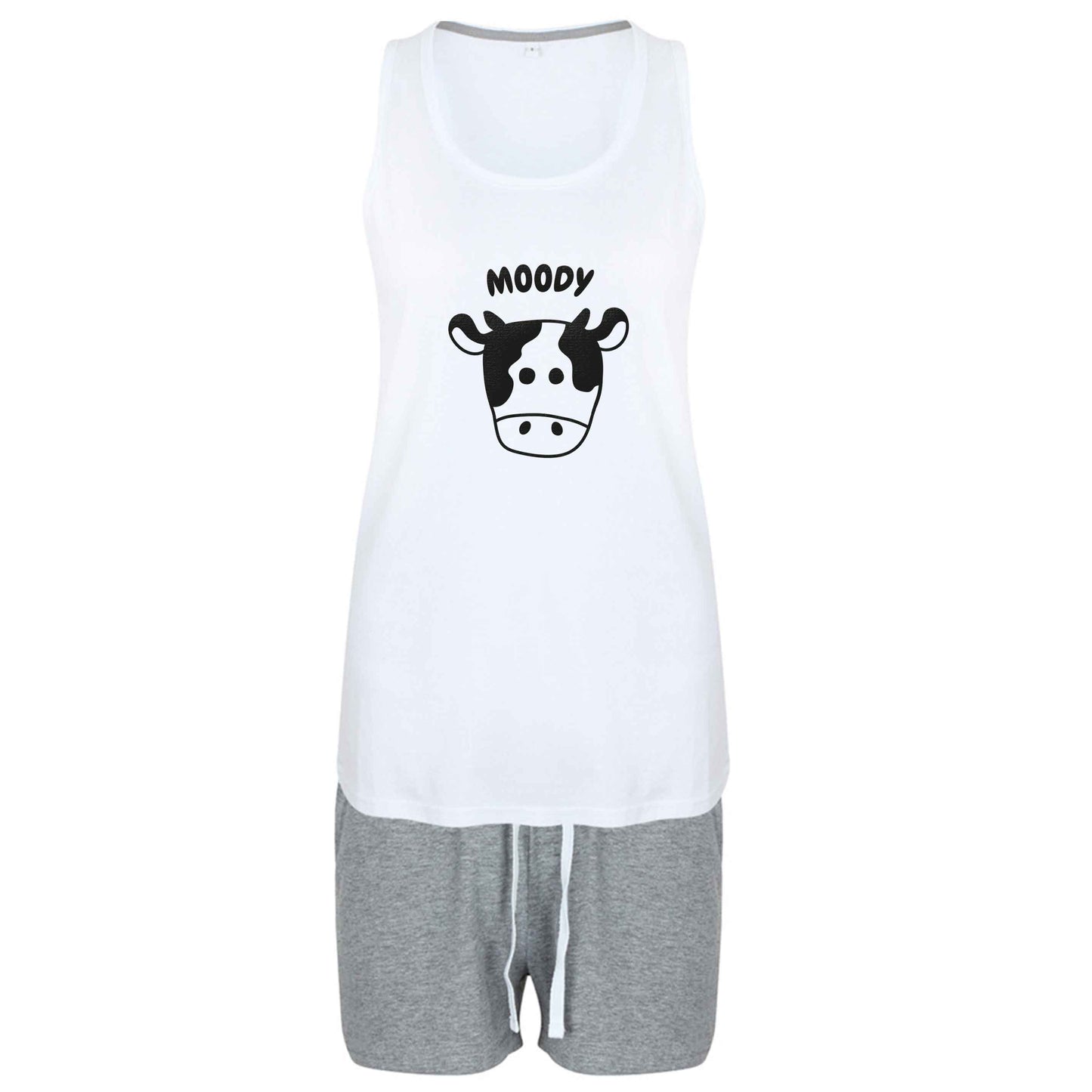 Moody cow illustration size XL women's pyjama shorts set in pink 
