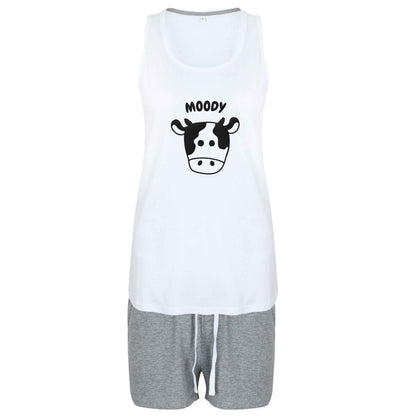 Moody cow illustration size XL women's pyjama shorts set in pink 