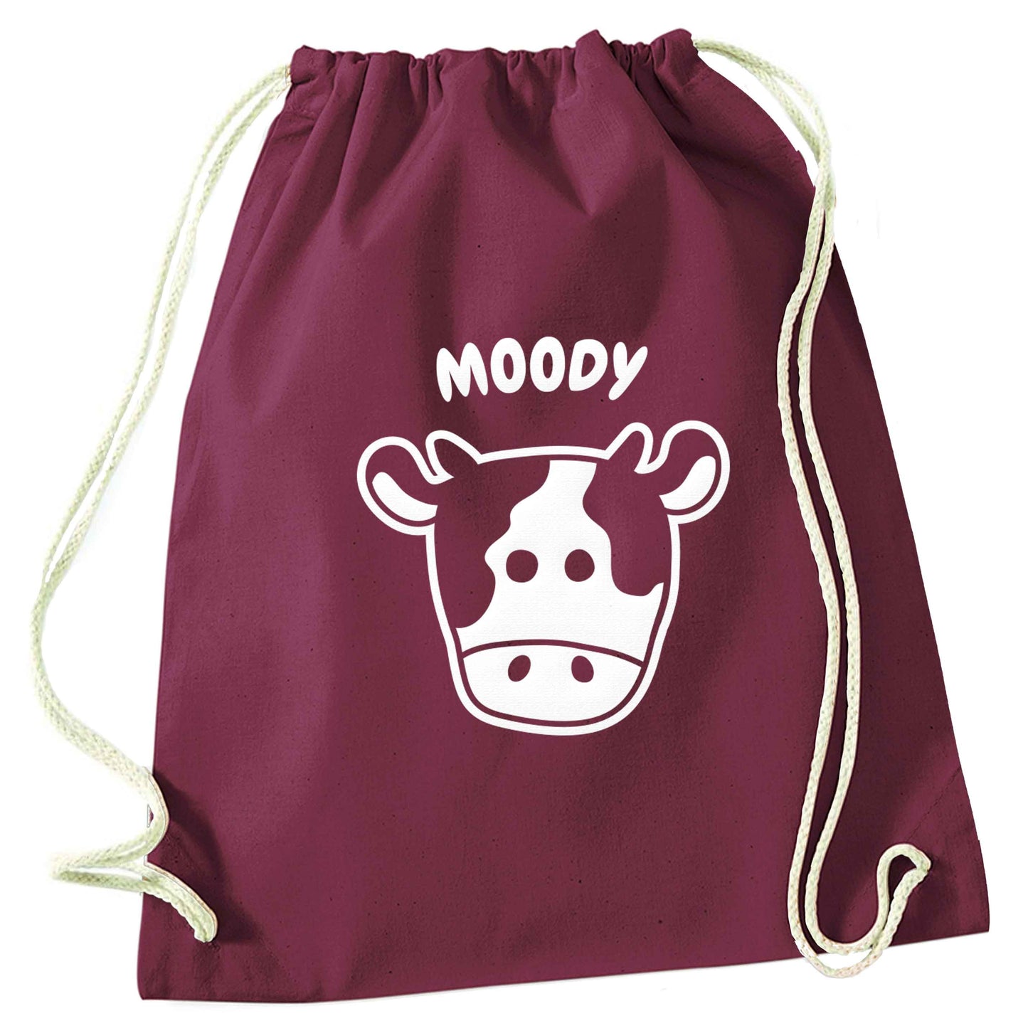 Moody cow illustration maroon drawstring bag