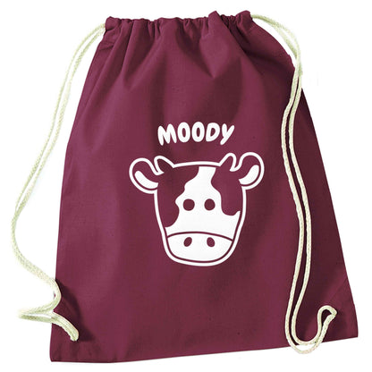 Moody cow illustration maroon drawstring bag