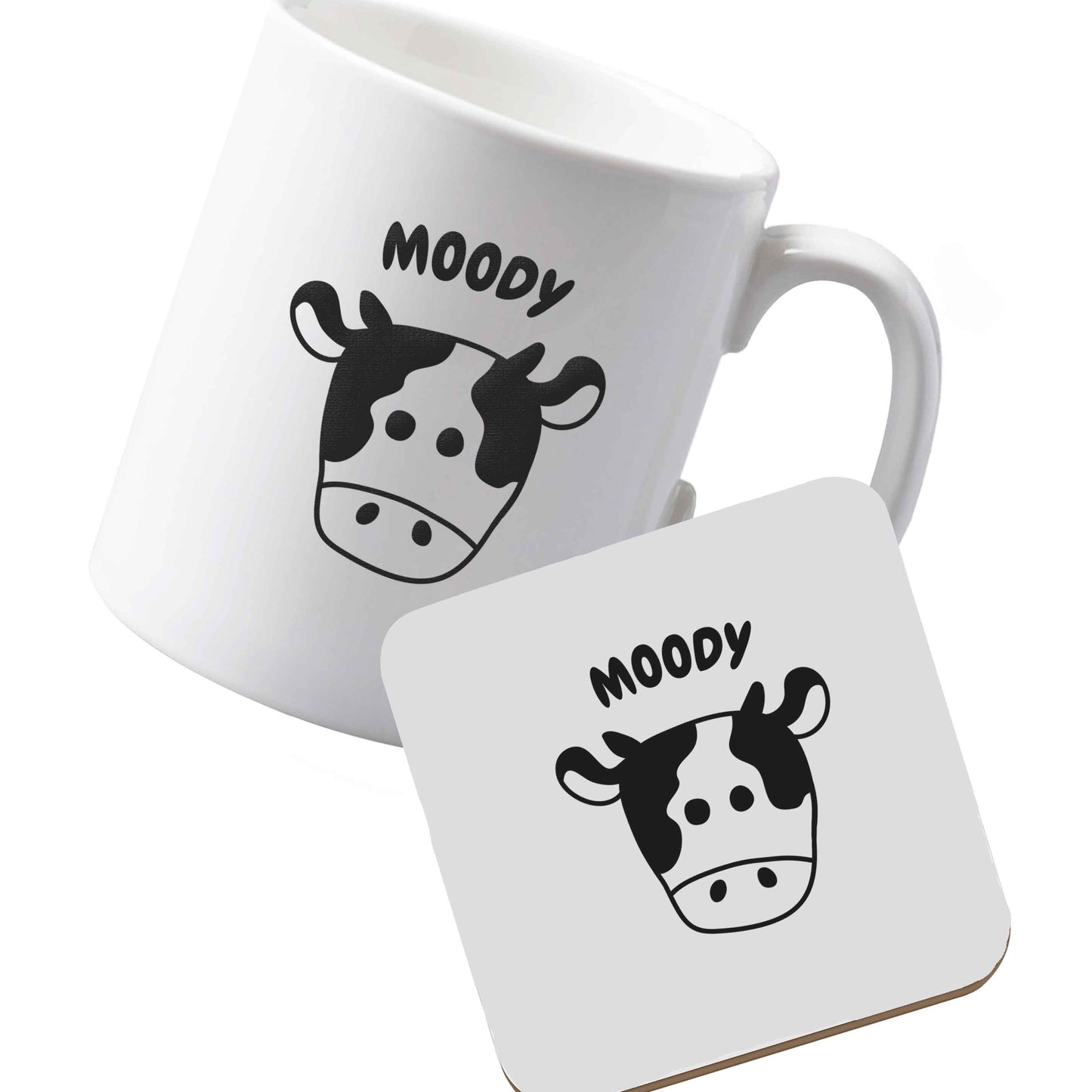 10 oz Ceramic mug and coaster Moody cow illustration left sided