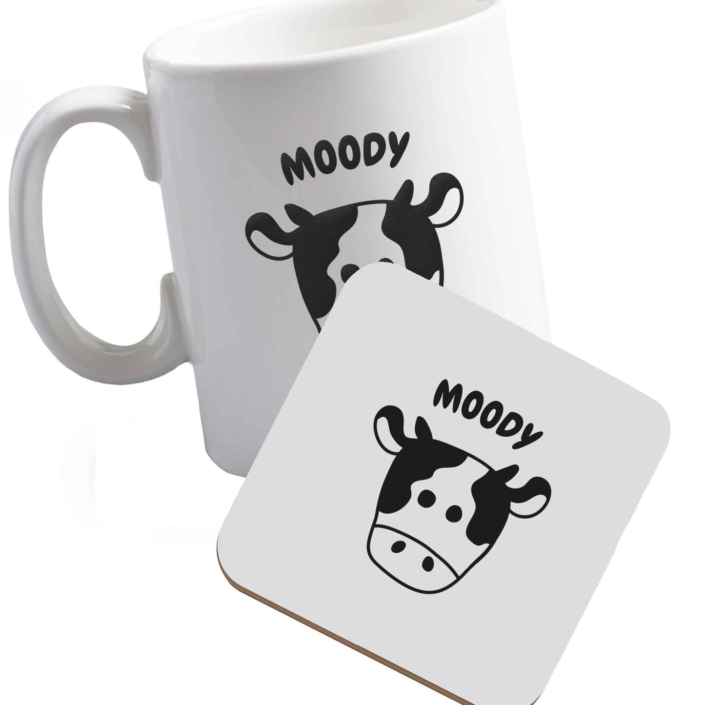 10 oz Ceramic mug and coaster Moody cow illustration both sides
