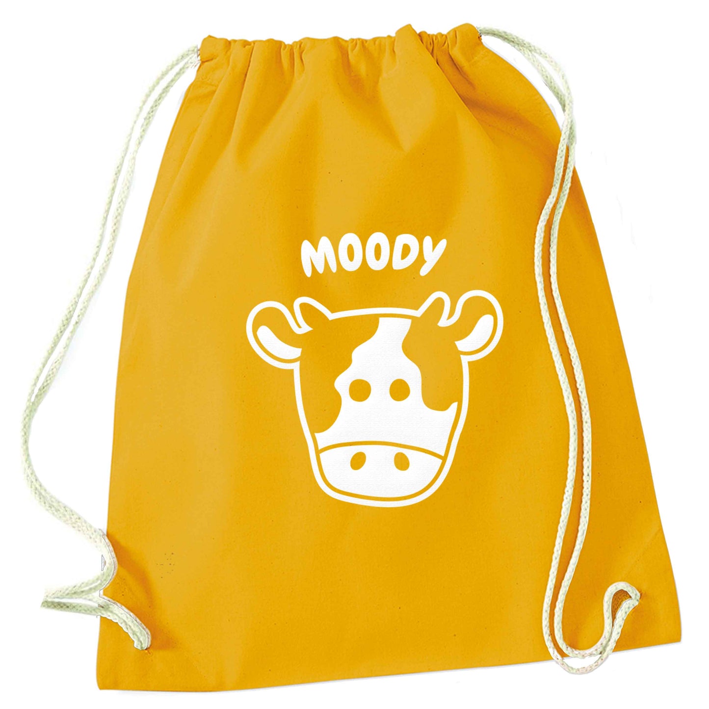 Moody cow illustration mustard drawstring bag