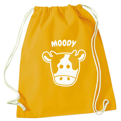 Moody cow illustration mustard drawstring bag