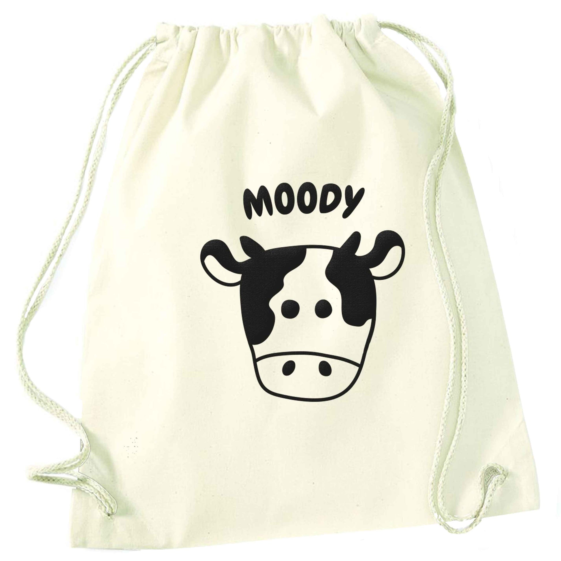 Moody cow illustration natural drawstring bag