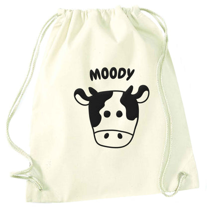 Moody cow illustration natural drawstring bag