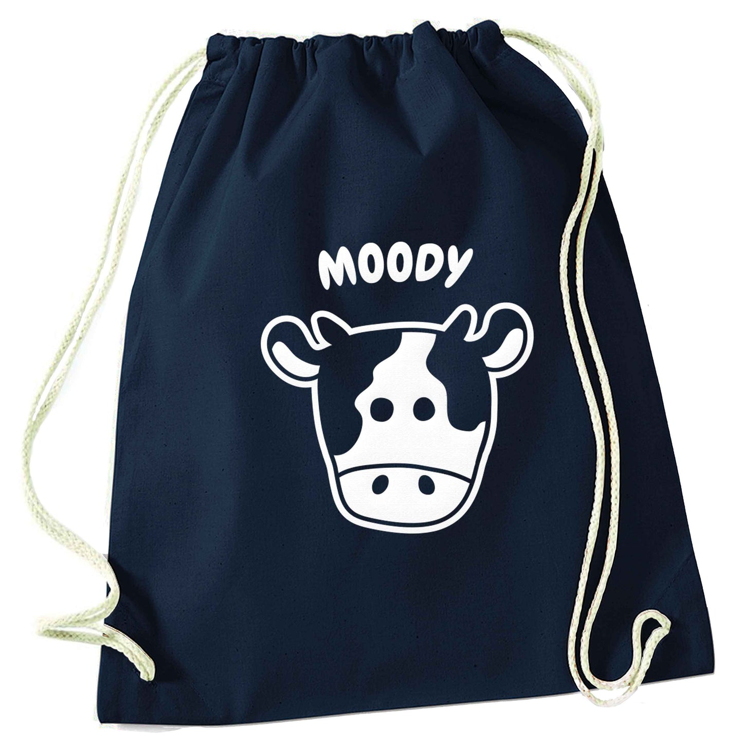 Moody cow illustration navy drawstring bag