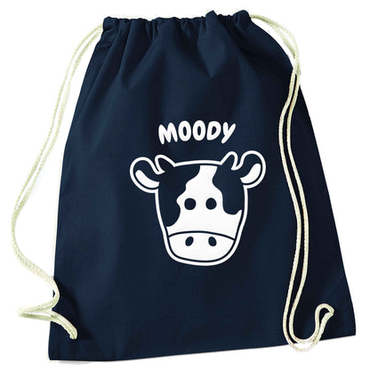 Moody cow illustration navy drawstring bag