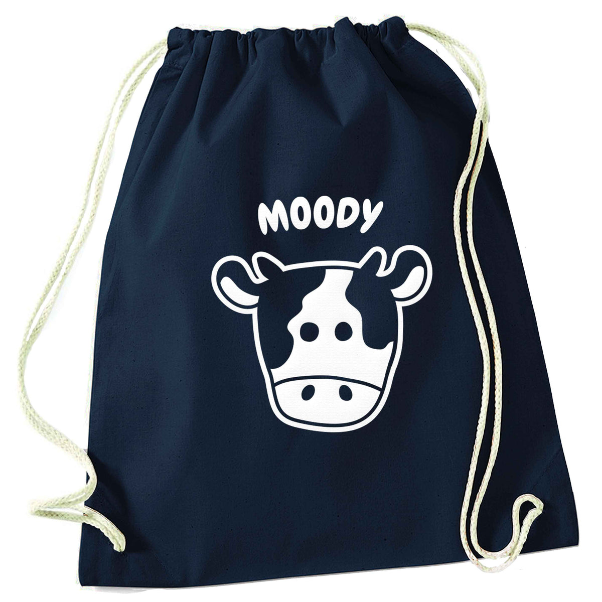 Moody cow illustration navy drawstring bag
