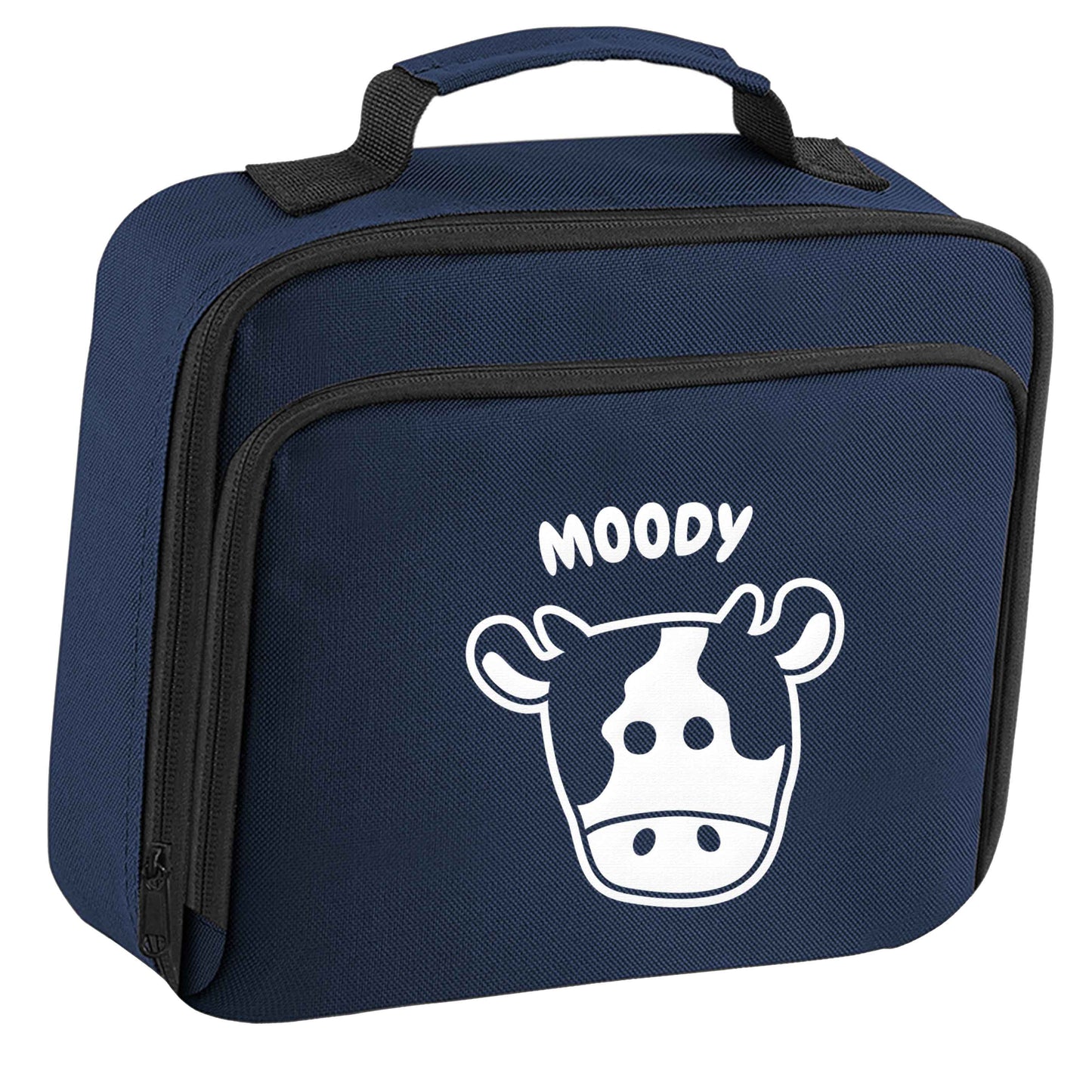 Moody cow illustration insulated navy lunch bag cooler