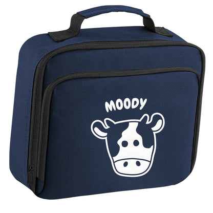 Moody cow illustration insulated navy lunch bag cooler