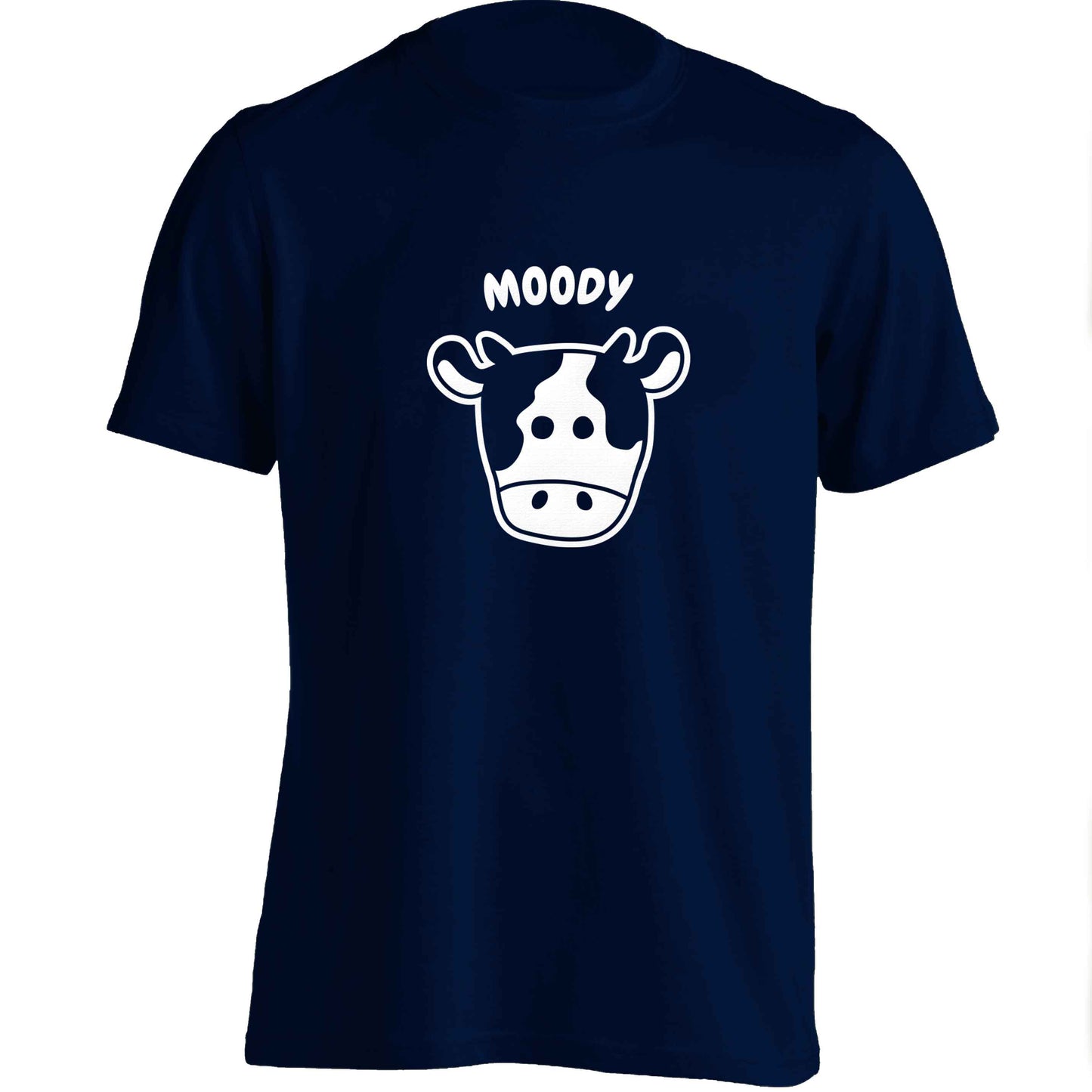 Moody cow illustration adults unisex navy Tshirt 2XL