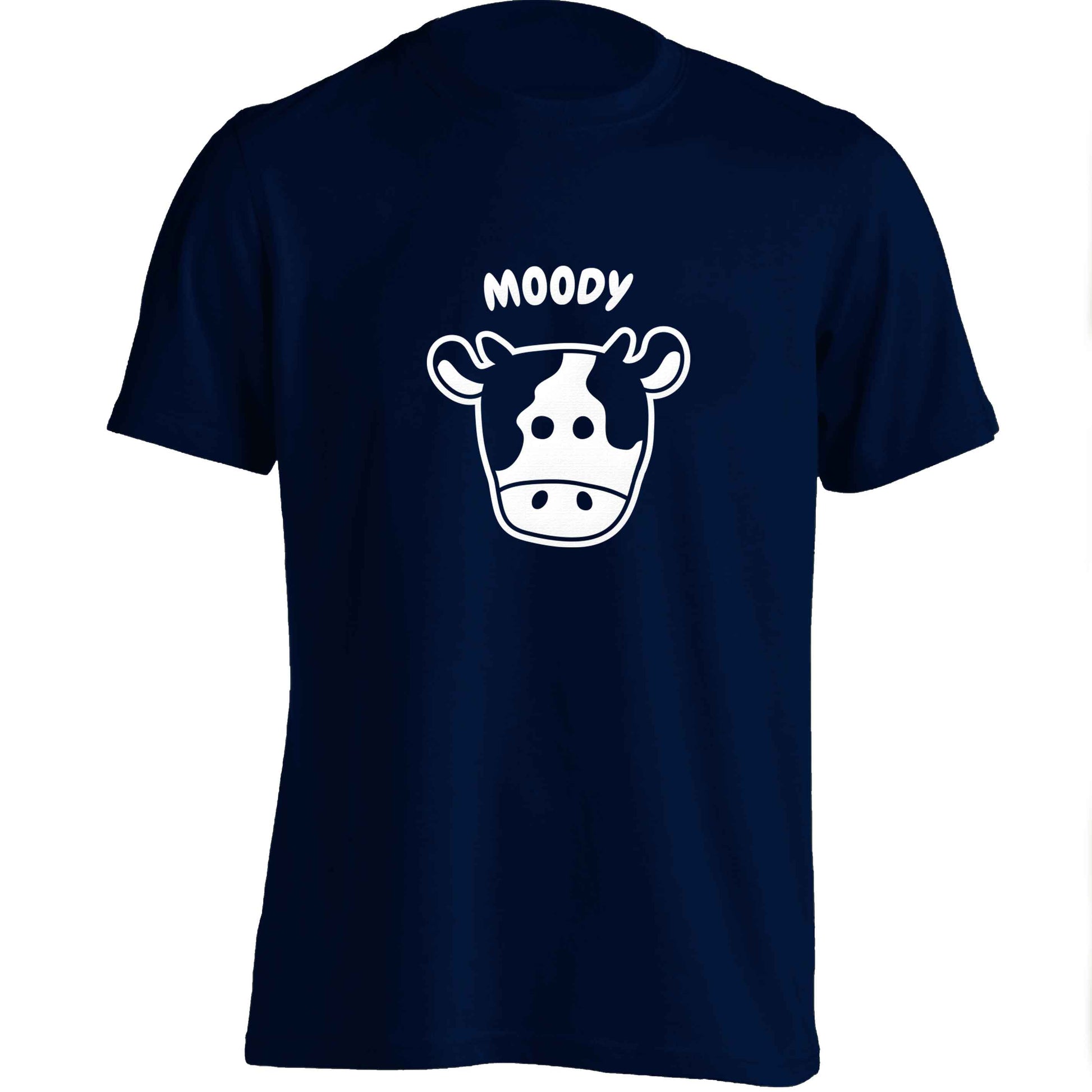Moody cow illustration adults unisex navy Tshirt 2XL