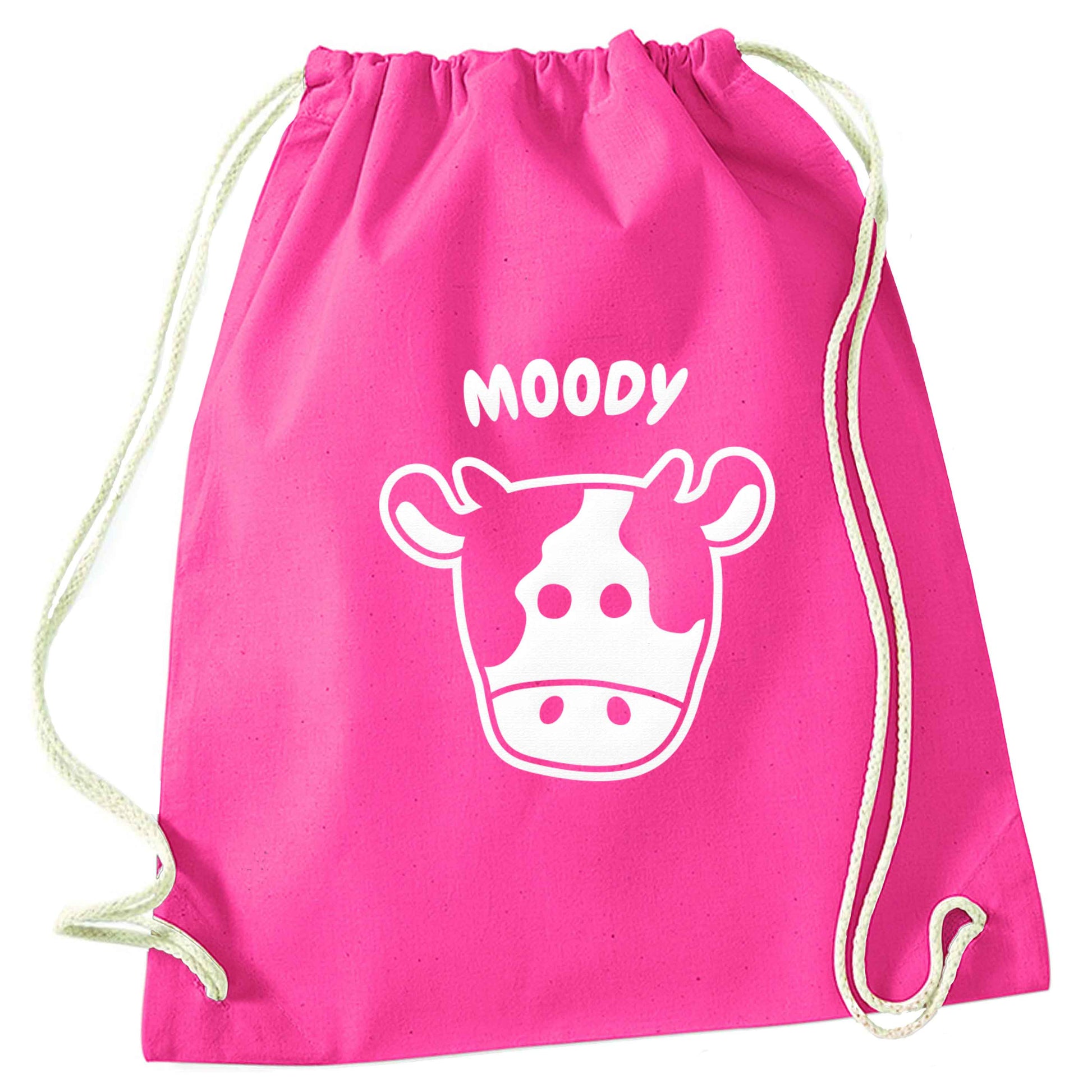 Moody cow illustration pink drawstring bag