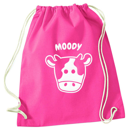 Moody cow illustration pink drawstring bag