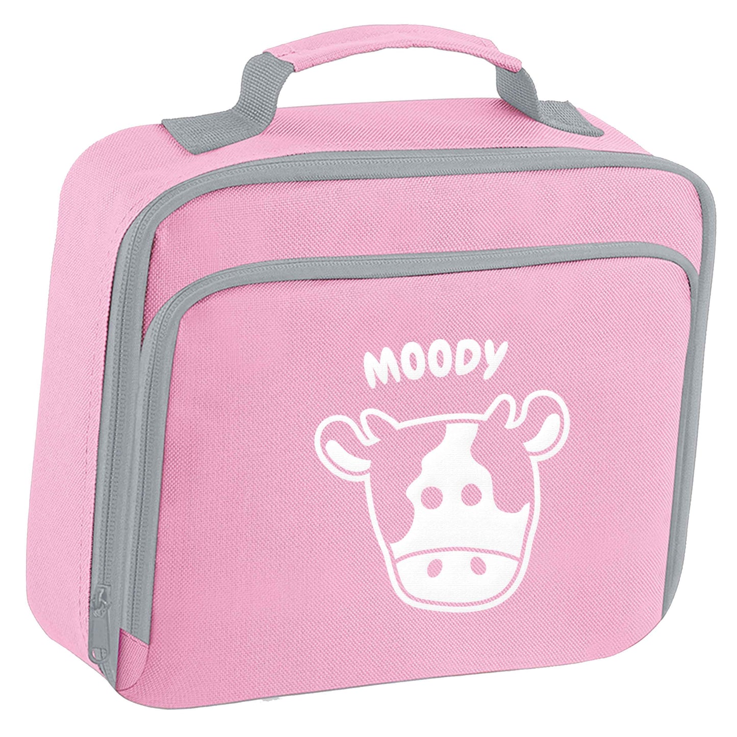 Moody cow illustration insulated pink lunch bag cooler