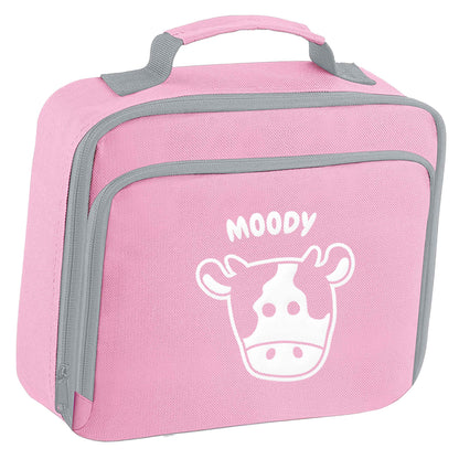 Moody cow illustration insulated pink lunch bag cooler