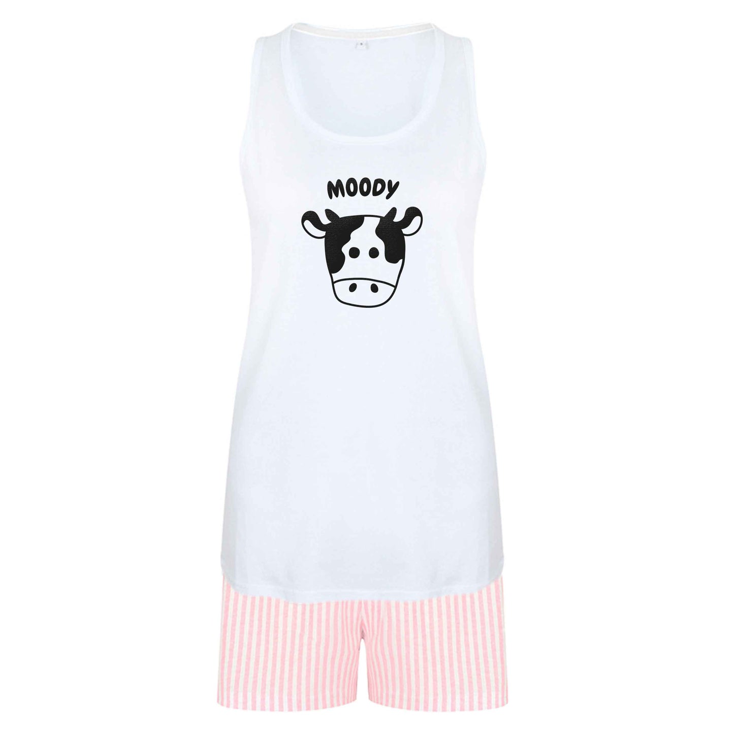 Moody cow illustration size XL women's pyjama shorts set in pink 
