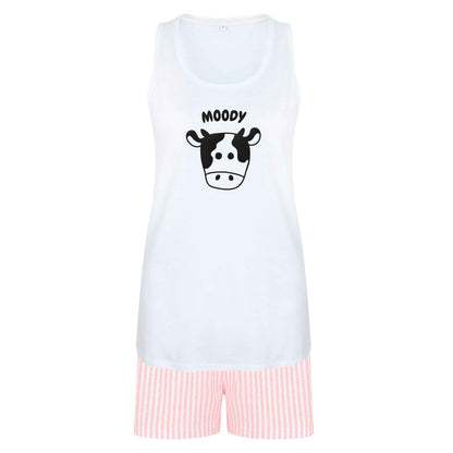 Moody cow illustration size XL women's pyjama shorts set in pink 