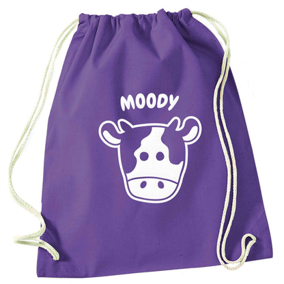 Moody cow illustration purple drawstring bag