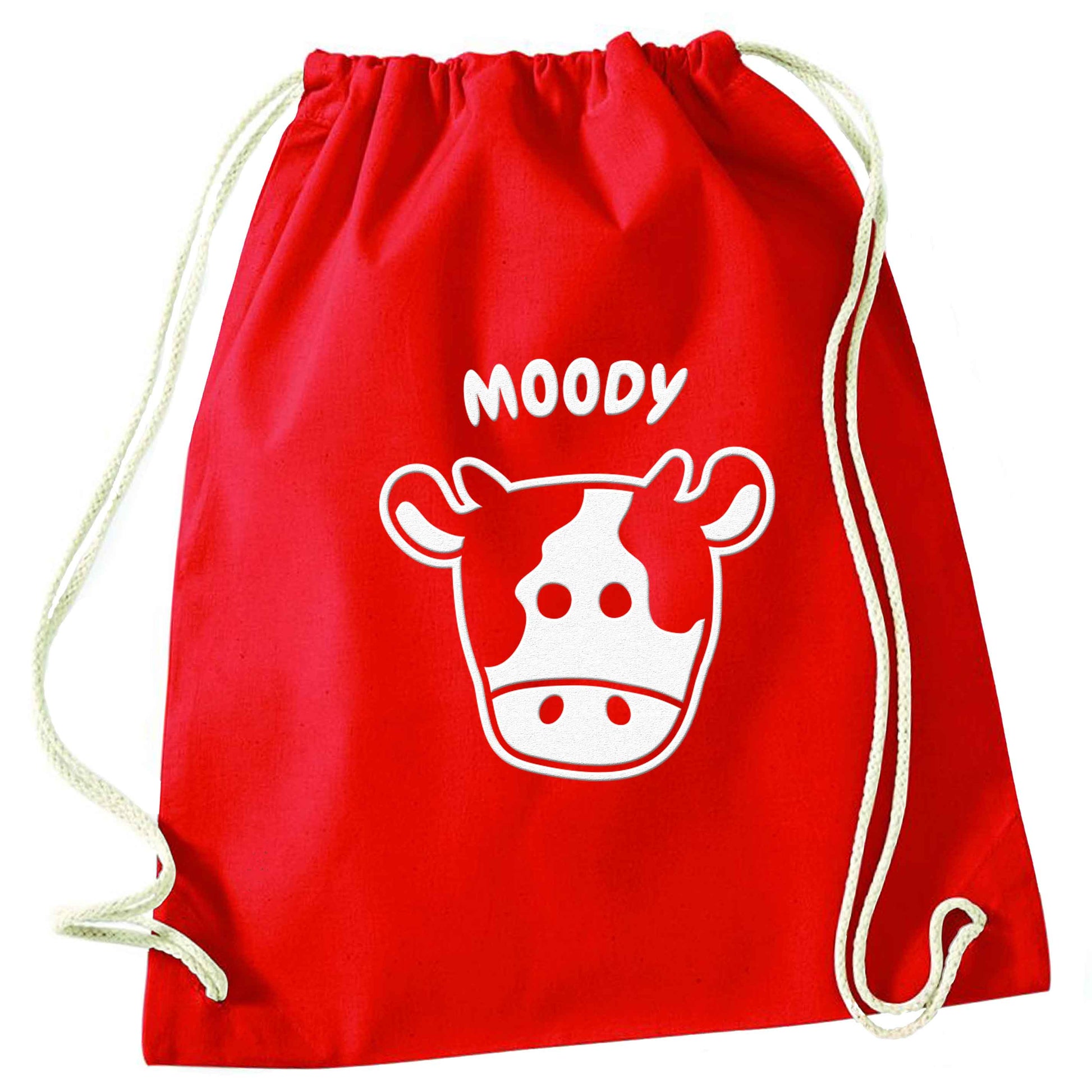 Moody cow illustration red drawstring bag 