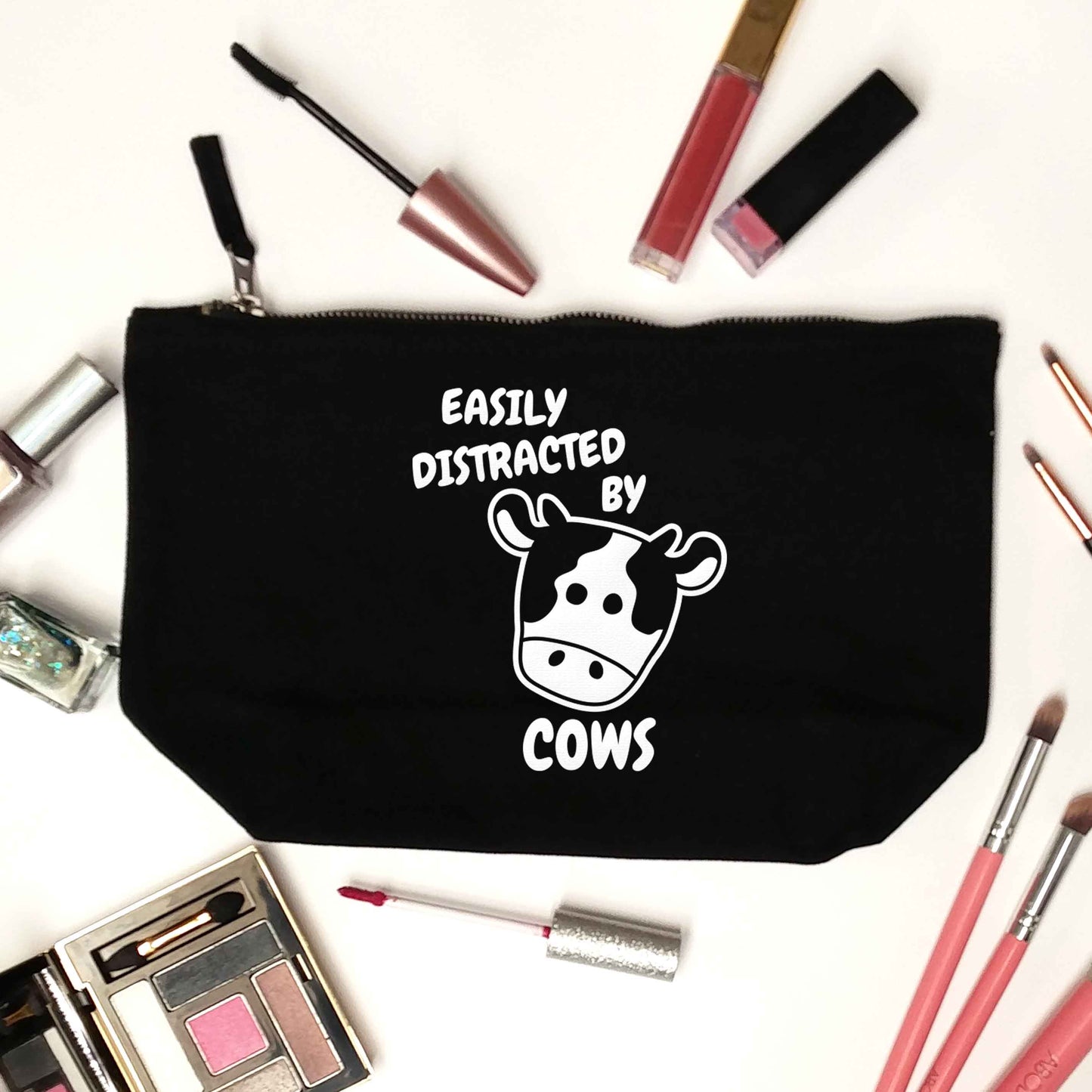 Easily distracted by cows black makeup bag
