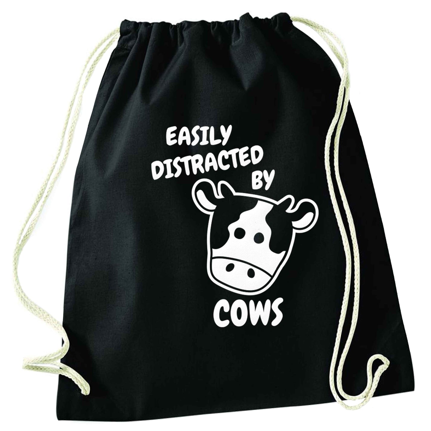 Easily distracted by cows black drawstring bag