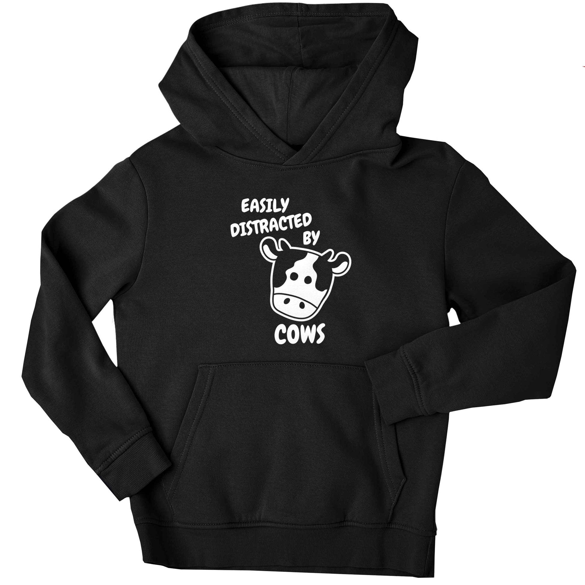 Easily distracted by cows children's black hoodie 12-13 Years