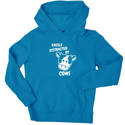 Easily distracted by cows children's blue hoodie 12-13 Years