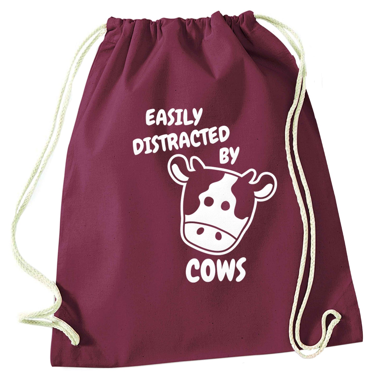 Easily distracted by cows maroon drawstring bag