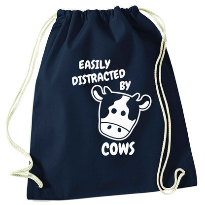 Easily distracted by cows navy drawstring bag
