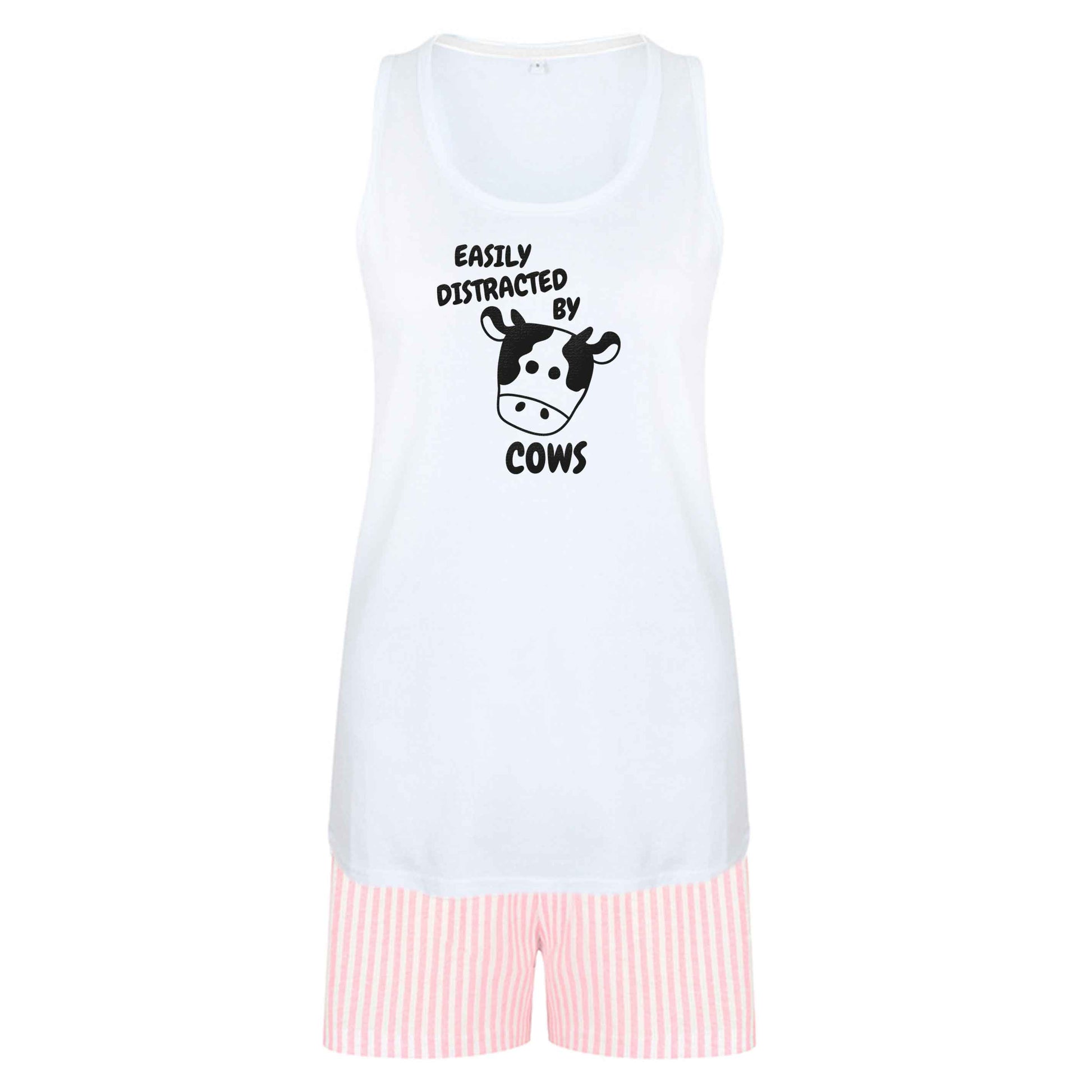 Easily distracted by cows size XL women's pyjama shorts set in pink 