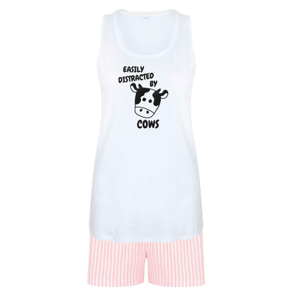 Easily distracted by cows size XL women's pyjama shorts set in pink 