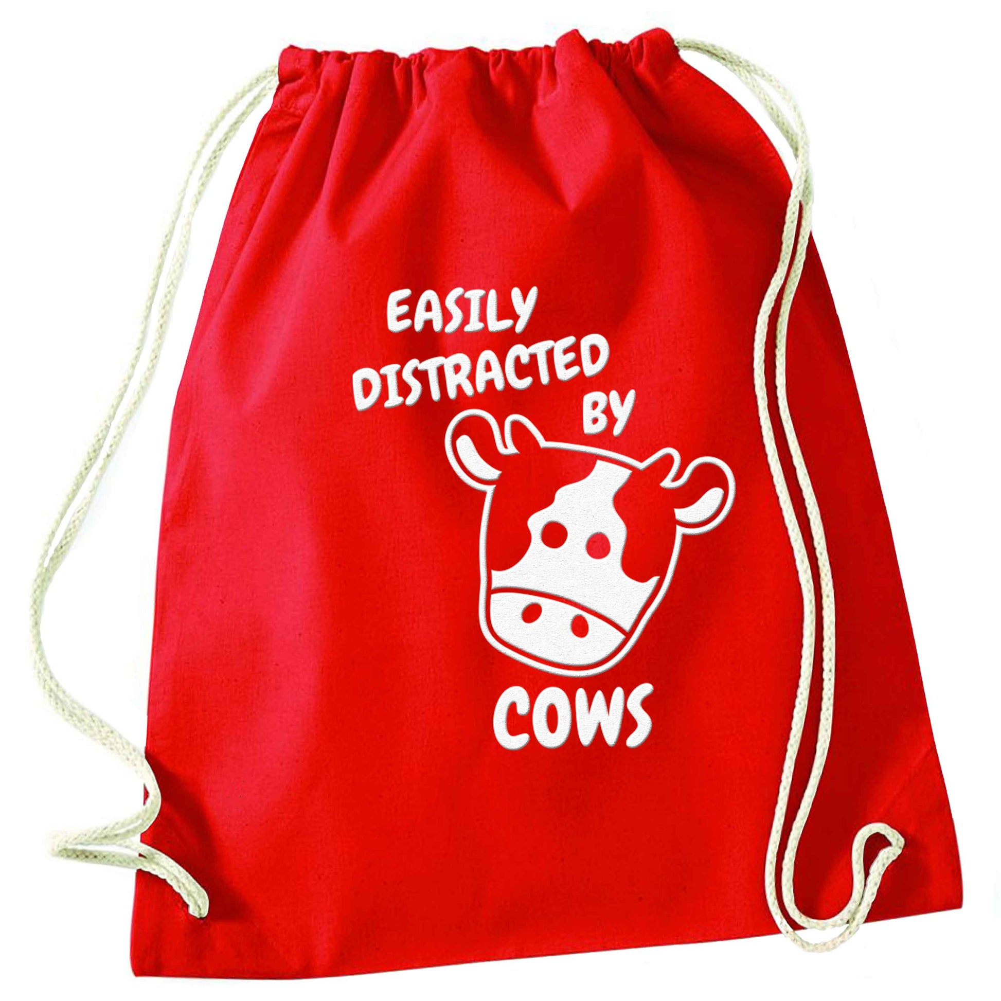 Easily distracted by cows red drawstring bag 