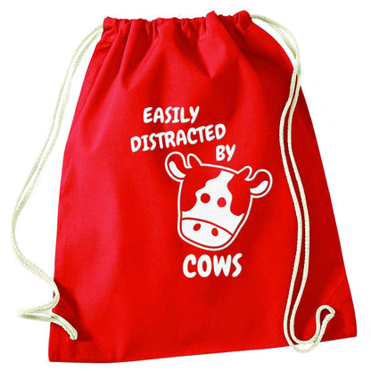 Easily distracted by cows red drawstring bag 