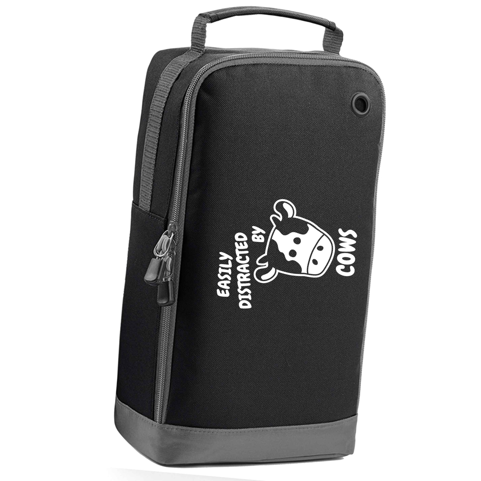 Easily distracted by cows black sports shoe bag horizontal print