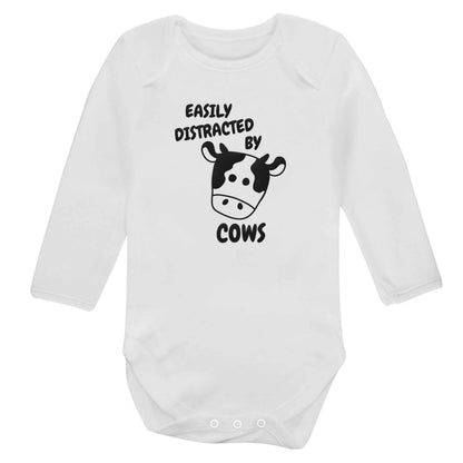 Easily distracted by cows baby bodysuit long sleeved white 6-12 months
