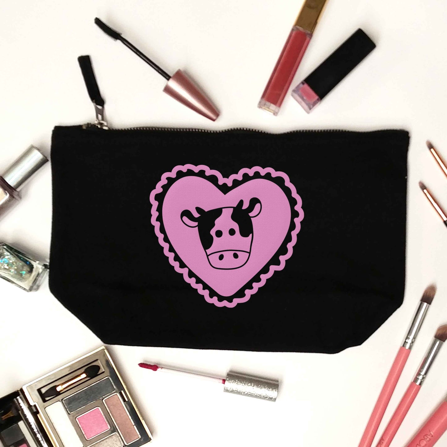 Cow heart illustration black makeup bag