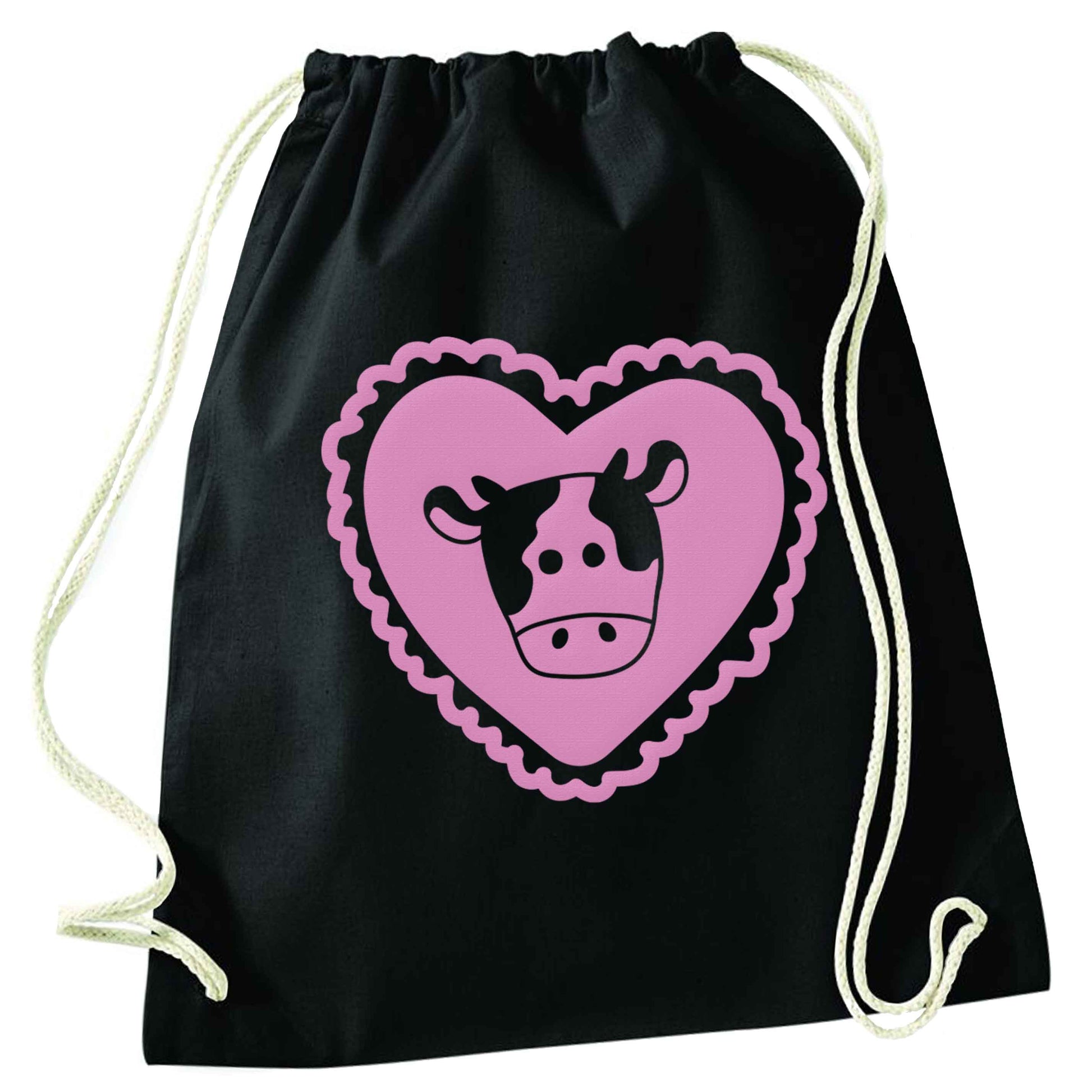 Cow heart illustration black drawstring bag