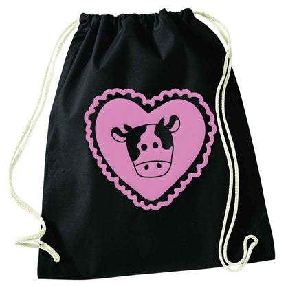 Cow heart illustration black drawstring bag