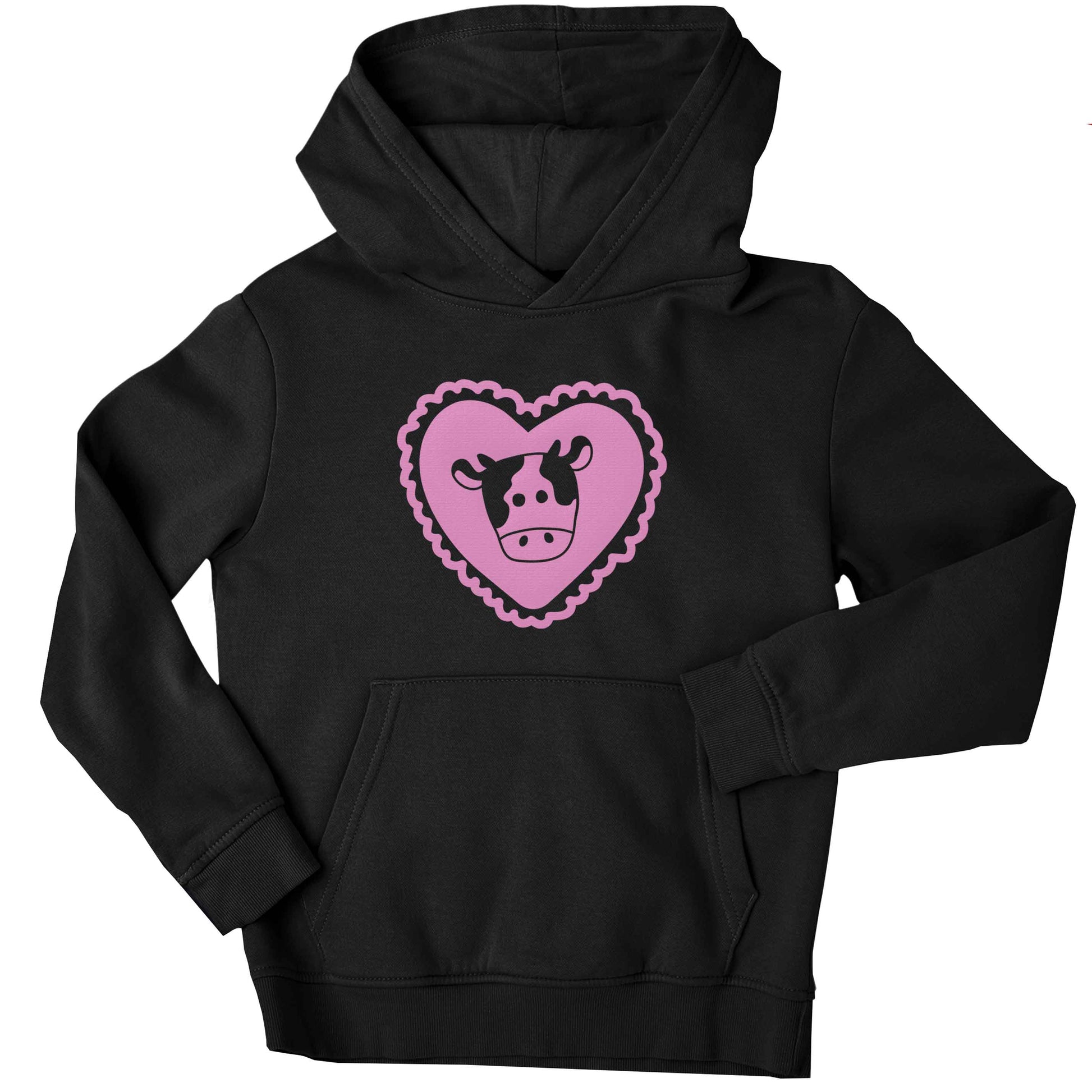 Cow heart illustration children's black hoodie 12-13 Years
